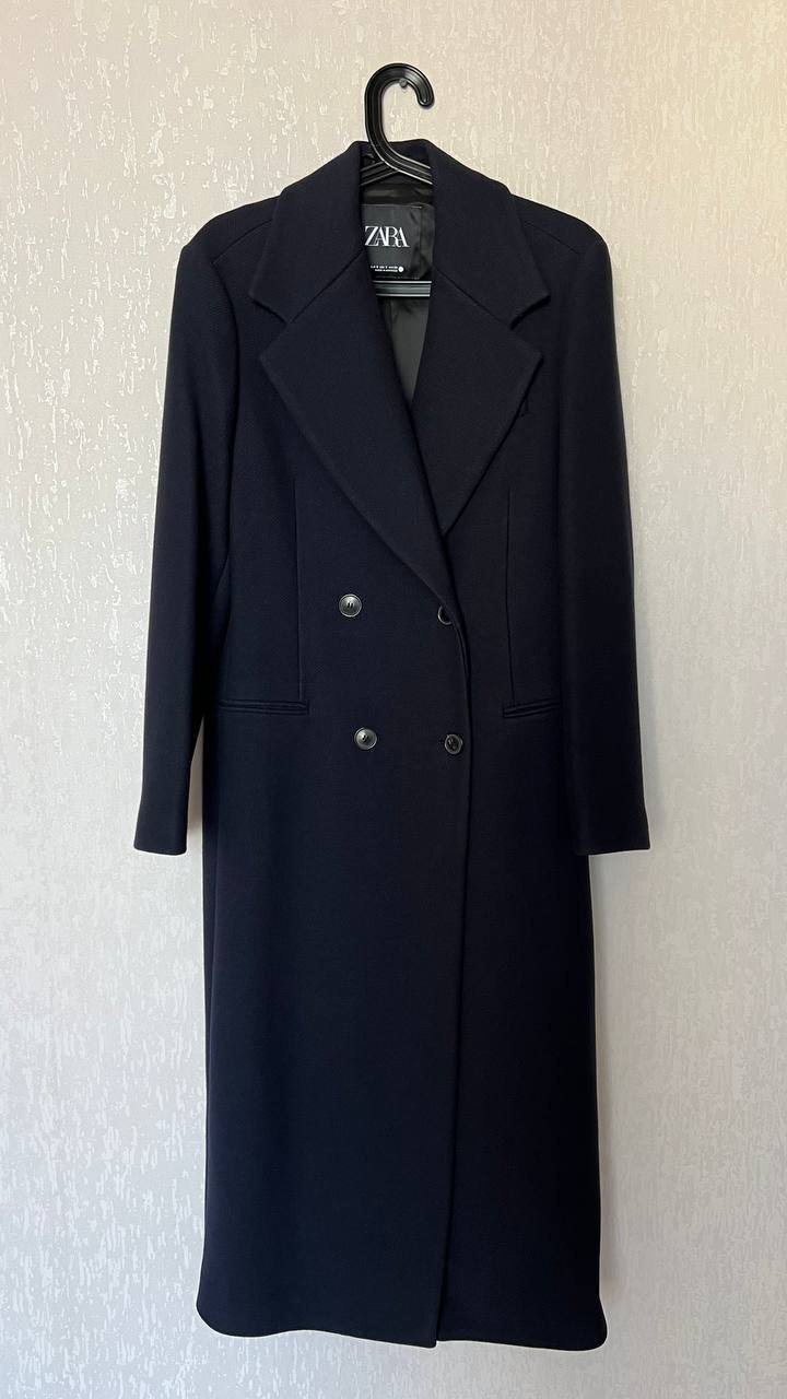 Длинное шерстяное пальто Zara, тёмно-синее