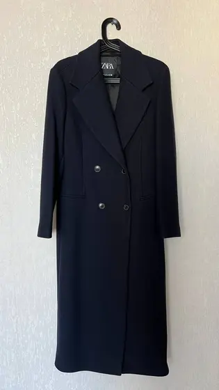 Длинное шерстяное пальто Zara, тёмно-синее