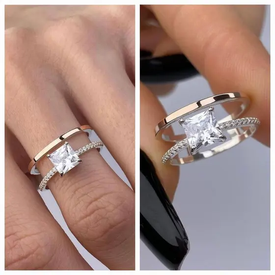 Серебряное кольцо с золотыми вставками, размер 17